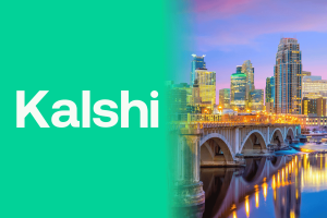 Kalshi prediction markets platform branding alongside the Minneapolis, Minnesota skyline and bridge, illustrating the company's legal challenge to Minnesota's prediction market ban.