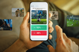 Illustration of a prediction markets trading app showing World Cup betting contracts, as Kalshi disputes Netflix's The Prediction Games documentary trailer.