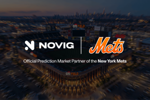 Promotional graphic showing the Novig and New York Mets logos over an aerial nighttime view of Citi Field, with the text "Official Prediction Market Partner of the New York Mets."