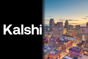 Kalshi logo alongside the Detroit skyline representing the Michigan Gaming Control Board's decision to leave the National Council on Problem Gambling following the organization's partnership with prediction market operator Kalshi.