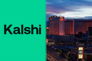 Kalshi logo beside the Las Vegas skyline as Nevada and Kalshi suspend contempt hearing while expanding GeoComply geofencing in prediction markets dispute.