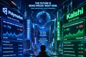 Illustration of Polymarket and Kalshi prediction markets displaying crypto, election and economic event contracts as Polymarket challenges France's website block and Kalshi launches its Midterms Hub.
