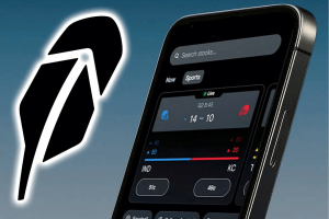 Robinhood prediction markets app showing live NFL event contracts and betting odds beside the Robinhood logo on a smartphone screen.