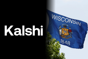 Kalshi logo beside Wisconsin state flag as Wisconsin Elections Commission warns election prediction market bettors they could lose voting rights