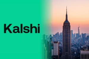Kalshi logo beside the New York City skyline as the CFTC intervenes in the legal dispute over the prediction market platform.