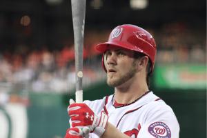 Bryce Harper batting for the Washington Nationals before an MLB game, as scrutiny grows over FanDuel sportsbook promotions and gambling endorsements.