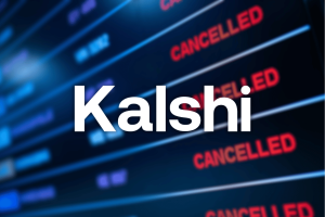 Kalshi logo over a flight departures board showing multiple cancelled flights after FlightAware dropped its federal trademark lawsuit over flight cancellation prediction markets.