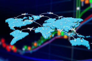 Global flight routes over financial market charts illustrating FlightAware’s Kalshi lawsuit and Nasdaq prediction market partnership.