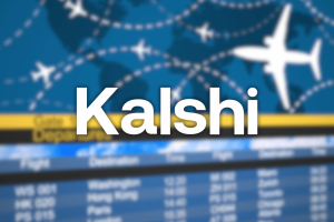 Kalshi prediction market logo over blurred flight departure board and airplane graphics amid FlightAware lawsuit over cancellation betting markets.