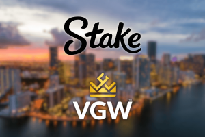 Stake and VGW logos over a Florida city skyline, illustrating lawsuits targeting the sweepstakes casino operators in Florida.