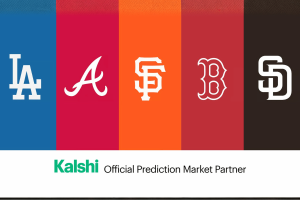 Kalshi official prediction market partner graphic featuring Los Angeles Dodgers, Atlanta Braves, San Francisco Giants, Boston Red Sox and San Diego Padres logos. Kalshi signs prediction market deals with MLB