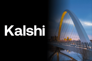 Kalshi sues Iowa officials claiming federal authority over prediction market contracts. Graphic showing the word “Kalshi” on a black background beside a large illuminated arch bridge over a river at dusk.