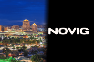 Novig logo alongside Albuquerque, New Mexico skyline amid sports prediction market lawsuit over state enforcement