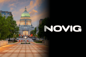 Novig logo alongside the Wisconsin State Capitol in Madison, illustrating the sports prediction market company’s legal battle over event contracts.