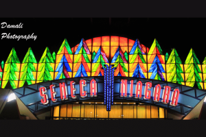 Seneca Niagara Resort & Casino entrance illuminated at night in Niagara Falls, New York.