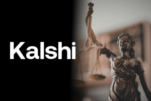 Sixth Circuit judges question Kalshi sports contracts. Statue of blindfolded woman of justice holding balance next to Kalshi logo