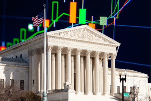 US Supreme Court building with stock market charts illustrating New Jersey’s Kalshi sports betting and prediction markets case.