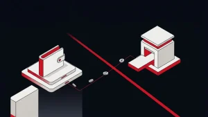 Abstract illustration of trading software routing digital assets to a regulated exchange without taking custody.