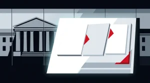Abstract prediction-market display with red rate-decision marker before a central-bank building