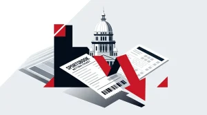 Editorial illustration of Illinois lawmakers weighing repeal of a tax on sports wagering