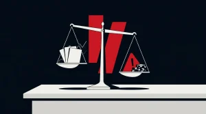 Editorial illustration of a tilted balance scale symbolizing conflict over prediction-market gambling risks.
