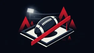 American football inside a trading frame with a red barrier symbolizing scrutiny of sports contracts