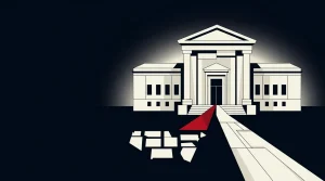 Abstract courthouse with diverging paths representing the split over prediction market regulation