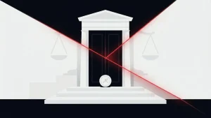 Editorial illustration of a courthouse divided by a red boundary over a prediction-market token