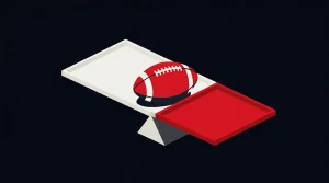 Editorial illustration of an NFL football balanced between traditional sportsbooks and prediction markets