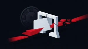 Abstract illustration of a stolen payment card blocked by a red-accented fraud control gateway
