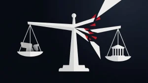 Abstract judicial balance scale splitting into three paths, symbolizing conflicting circuit rulings on Kalshi gambling rules