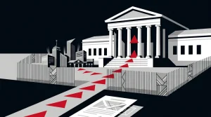 Editorial illustration of an appellate courthouse and tribal casino boundary representing the Kalshi gaming case appeal