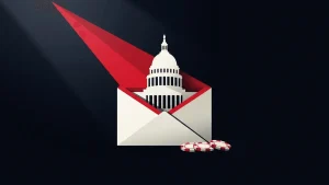 Editorial illustration of political campaign money and casino tokens before an Alabama capitol silhouette