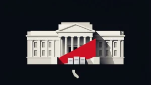 Editorial illustration of a California courthouse confronting a prediction-market legal challenge