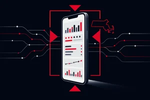 Abstract smartphone and red inspection frame representing regulatory scrutiny of AI sportsbook marketing in Massachusetts