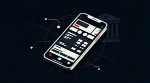 Smartphone with abstract AI targeting signals beside a subtle courthouse silhouette