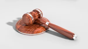 A wooden judge's gavel resting on a sound block against a plain light background