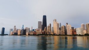 Chicago skyline with the John Hancock Center rising above Lake Michigan
