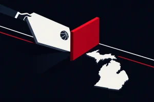 Abstract illustration of sports contracts withdrawn behind a regulatory barrier over Michigan as legal appeals continue