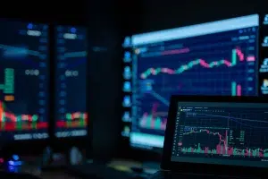 Trading charts on several monitors and a laptop in a dimly lit room