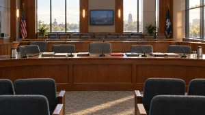 Empty Louisiana gaming regulator hearing room prepared for a DraftKings license review