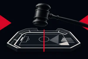 Editorial illustration of a courtroom gavel over an abstract sports field representing a Florida betting lawsuit.