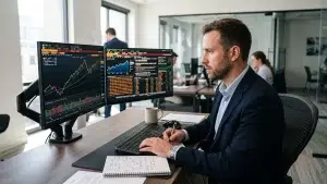 A man in a suit working at a desk with two monitors displaying financial trading charts and data.