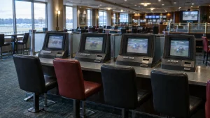 Historic horse racing terminals in an empty Massachusetts simulcast center