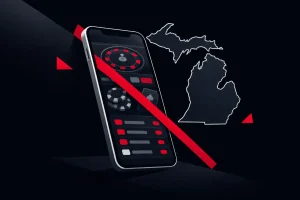 Abstract smartphone behind a red barrier representing gaps in protection for Michigan self-excluded gamblers