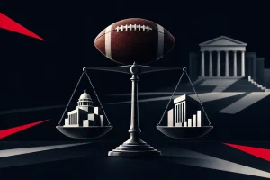 American football above a judicial scale representing the NFL prediction market oversight dispute