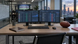 Unbranded prediction-market trading workstation with blurred screens and a football in an office