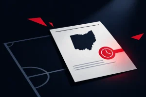 Editorial illustration of an Ohio regulatory order and red deadline marker over a subtle sports field
