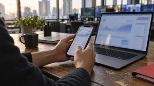 Hands review an unbranded prediction-market screen beside a laptop at a newsroom desk.