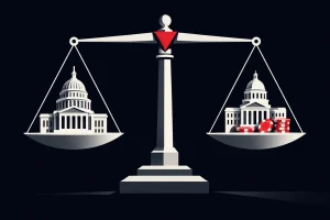 Editorial illustration of federal and state authorities contesting control over prediction markets